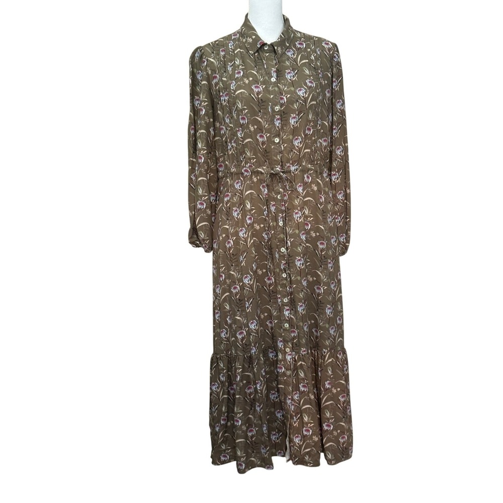 Ashley Robertson The Drop Olive Floral Button Front Maxi Dress Large Boho Tiered